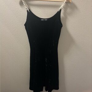 Betsey Johnson Black Velvet Mini Dress with Pearl Straps Vintage 80’s
